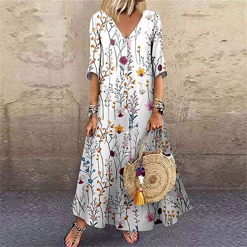 

robe décontractée femme robe swing robe longue robe maxi bleu jaune kaki demi manches imprimé animal automne été col en v coupe ample 2023 s m l xl xxl 3xl 4xl 5xl