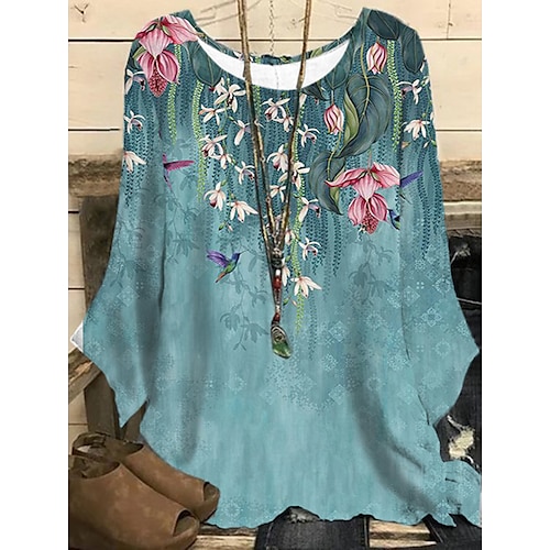 

Blusa de talla grande para mujer, camisa con estampado floral, manga larga, cuello redondo, informal, para vacaciones diarias, poliéster, otoño, invierno, azul