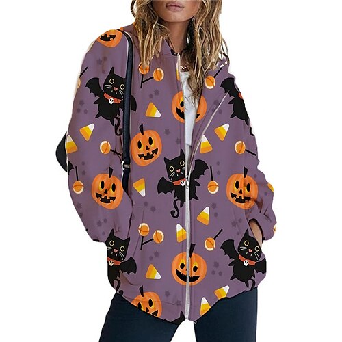 

Women's Hoodie Jacket Warm Breathable Outdoor Halloween Daily Wear Going out Zipper Pocket Print Zipper Hoodie Vintage Sports Comfortable Street Style Skull Regular Fit Outerwear Long Sleeve Winter