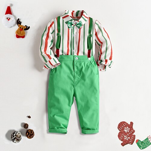 

Kids Boys Christmas Shirt Pants Clothing Set 2 Pieces Long Sleeve Green Red Stripe Gentle 2-6 Years