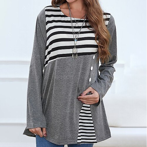 

Women's T shirt Tee Striped Casual Weekend T shirt Tee Long Sleeve Button Flowing tunic Round Neck Basic Gray S