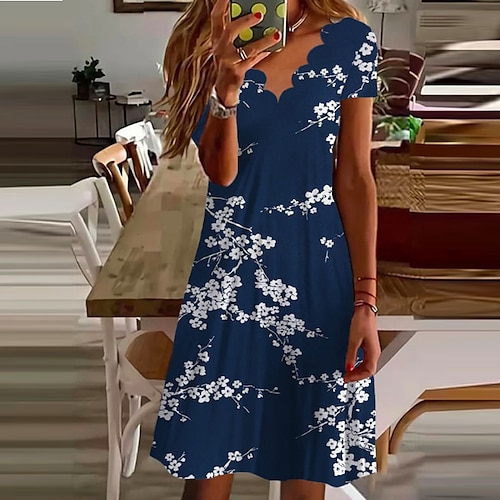 

Vestido acampanado para mujer, vestido oscilante hasta la rodilla, azul oscuro, manga corta, estampado floral, Primavera Verano, escote en V profundo, moda informal 2022 5xl