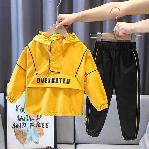 

2 Pieces Kids Boys Jacket Pants Clothing Set Outfit Letter Long Sleeve Set Street Cool Street Style Winter Fall 3-10 Years Black Yellow