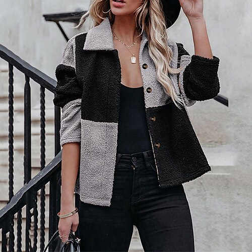

Women's Teddy Coat Windproof Warm Outdoor Street Daily Vacation Patchwork Button Single Breasted Turndown Fashion Modern Street Style Color Block Regular Fit Outerwear Long Sleeve Winter Fall Black