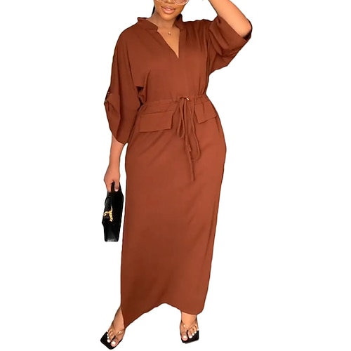 

Women's Casual Dress Shirt Dress Long Dress Maxi Dress Black Blue Pink Long Sleeve Pure Color Lace up Winter Fall Autumn V Neck Modern Winter Dress Weekend Fall Dress S M L XL XXL