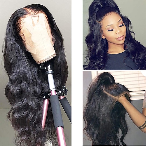 

Black Long Wavy Synthetic Lace Wig Middle Part Heat Resistant Fiber Hair Wigs For Women