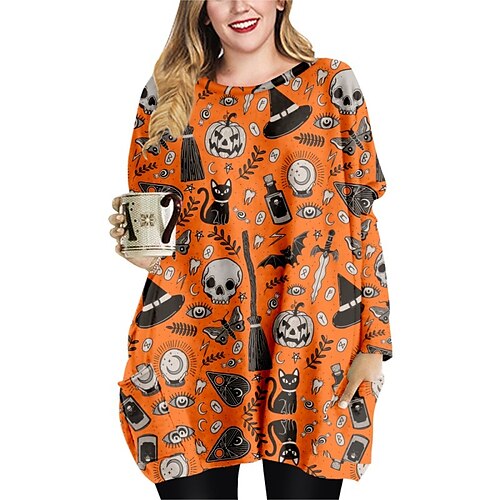 

Women's Plus Size Tops Blouse Shirt Cat Butterfly Print Long Sleeve Crewneck Casual Halloween Halloween Daily Polyester Fall Winter Orange