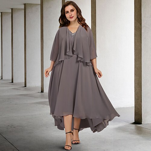 

Two Piece A-Line Plus Size Curve Mother of the Bride Dresses Elegant Dress Wedding Guest Tea Length Sleeveless V Neck Chiffon with Beading 2022