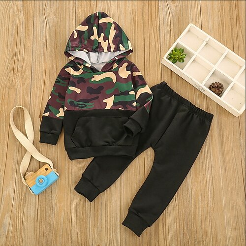 

2 Pièces Sweat à capuche Pantalon Ensemble de Vêtements Tenues Enfants Garçon camouflage Camouflage manche longue Coton Set Extérieur Frais Style de rue Hiver Automne 2-6 ans Noir