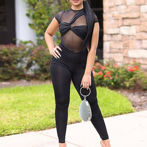 

Women's Jumpsuit Mesh High Waist Solid Color Crew Neck Sexy Club Bar Regular Fit Short Sleeve Black S M L Spring