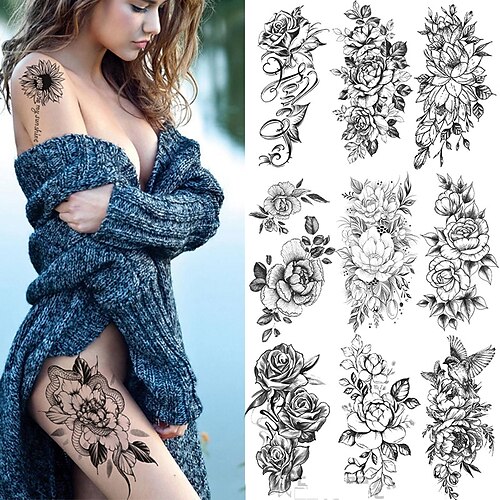 

24 Sheets Long Lasting Flower Temporary Tattoos For Women Arm Neck Jellyfish Sunflower Moon Rose Fake Tattoos For Adults Girl 3D Temp Realistic Snake Tatoo Stickers Serpent Peony Floral Kids