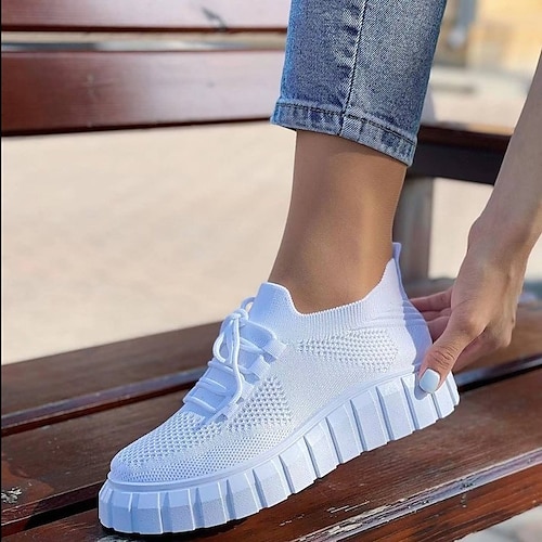 

Women's Sneakers Party Daily Plus Size Flyknit Shoes White Shoes Flat Heel Round Toe Sporty Casual Tissage Volant Lace-up Solid Colored Black Rosy Pink White