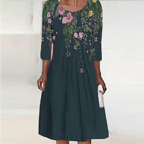 

Women's Casual Dress Shift Dress Midi Dress Black Green Long Sleeve Floral Ruched Winter Fall Autumn Crew Neck Vacation Winter Dress Fall Dress 2023 S M L XL 2XL 3XL 4XL 5XL 6XL