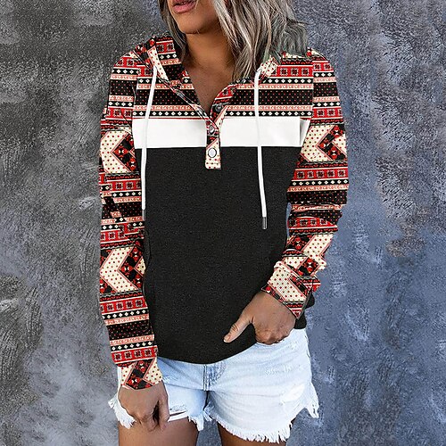 

Women's Pullover Hoodie Sweatshirt Pullover Geometric Front Pocket Print Daily Sports 3D Print Active Ethnic Clothing Apparel Hoodies Sweatshirts Black Gray