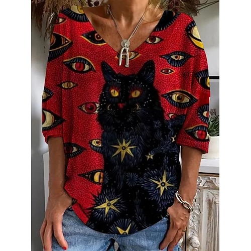 

Women's T shirt Tee Blue Red Cat Eye Print Long Sleeve Casual Weekend Basic V Neck Regular Cat Painting S / 3D Print