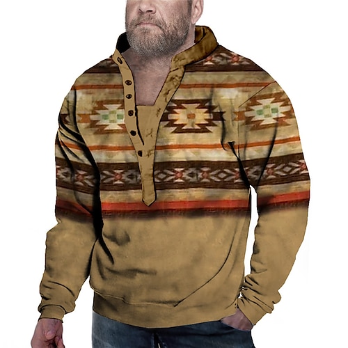

Men's Plus Size Big and Tall Graphic Prints Standing Collar Long Sleeve Spring Fall Basic Boho Designer Plus Size Daily Sports Tops