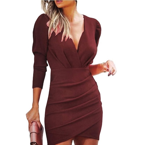 

Mujer Vestido de Fiesta Corte Bodycon Vestido tubo Mini vestido Negro Rosa Vino Manga Larga Color puro Frunce Invierno Otoño Escote en Pico Elegante Fiesta Vestido de invierno vestido de otoño 2023 S