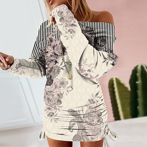 

Women's Sweatshirt Pullover One Shoulder Floral Striped Print Casual Streetwear 3D Print Active Streetwear Hoodies Sweatshirts Beige