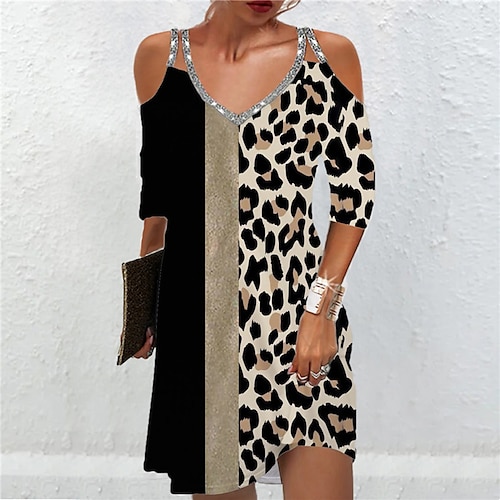 

Women's Casual Dress Mini Dress Black Yellow Khaki 3/4 Length Sleeve Leopard Sequins Winter Fall Spaghetti Strap Fashion 2022 S M L XL XXL 3XL