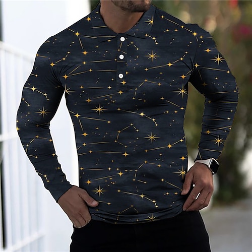 

Men's Collar Polo Shirt Golf Shirt Galaxy Turndown Black 3D Print Outdoor Street Long Sleeve Button-Down Print Clothing Apparel Fashion Designer Casual Breathable