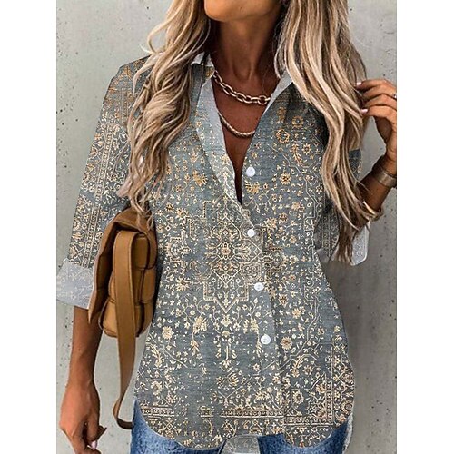 

Women's Blouse Shirt Gray Graphic Button Print Long Sleeve Daily Weekend Streetwear Casual Shirt Collar Regular S