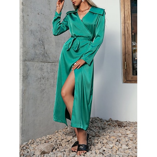 

Women's Shirt Dress Shift Dress Maxi long Dress Light Green Long Sleeve Pure Color Lace up Split Fall Winter Shirt Collar Vacation Stylish 2022 S M L