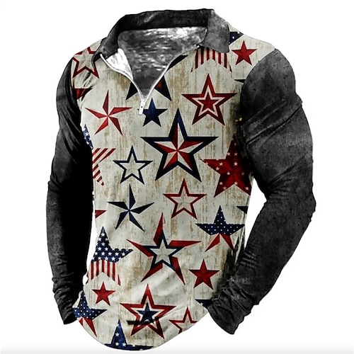 

Men's Collar Polo Shirt Golf Shirt Star Turndown Gray 3D Print Outdoor Street Long Sleeve Zipper Print Clothing Apparel Fashion Designer Casual Breathable