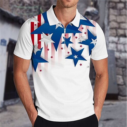

Men's Collar Polo Shirt Golf Shirt Star Turndown White 3D Print Outdoor Street Short Sleeves Zipper Print Clothing Apparel Fashion Designer Casual Breathable / Summer / Spring / Summer