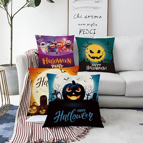 

Halloween Party Double Side Cushion Cover 4PC Soft Decorative Square Cushion Case Pillowcase for Bedroom Livingroom Sofa Couch Chair Superior Quality Machine Washable