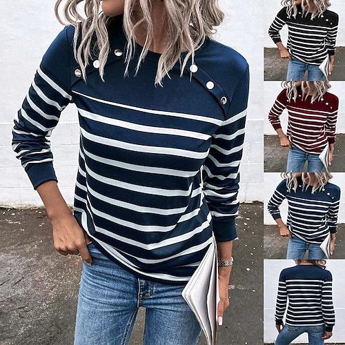 

Women's T shirt Tee Button Striped Basic Round Neck Standard Spring Navy Dark Red Black