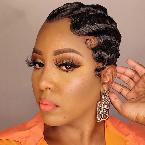 

13x4x1 T Part Lace Front Wig Pixie Cut Side Part Brazilian Hair Deep Finger Wave Wig Hairstyles For Black Women Cute Cheap Wig Remy Full Machine Made Wigs