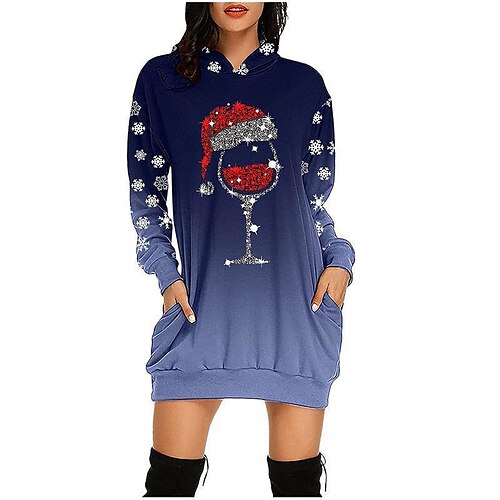 

Women's Casual Dress Hoodie Dress Short Mini Dress Blue Grey Red Long Sleeve Snowflake Sequins Print Fall Winter Hooded Fashion Casual Modern Christmas 2022 S M L XL 2XL