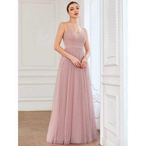 

A-Line Prom Dresses Elegant Dress Prom Floor Length Sleeveless V Neck Tulle V Back with Pleats Draping 2022