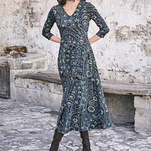 

Women's Casual Dress Swing Dress Midi Dress Dark Blue 3/4 Length Sleeve Floral Pocket Print Fall Winter V Neck Casual 2022 S M L XL XXL 3XL