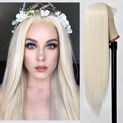 

Lace Front Wigs Platinum Blonde Long Straight Wig for Women with Middle Part Natural Hairline Synthetic Wig Heat Resistant Fibre Wig for Daily Wear 24Inches