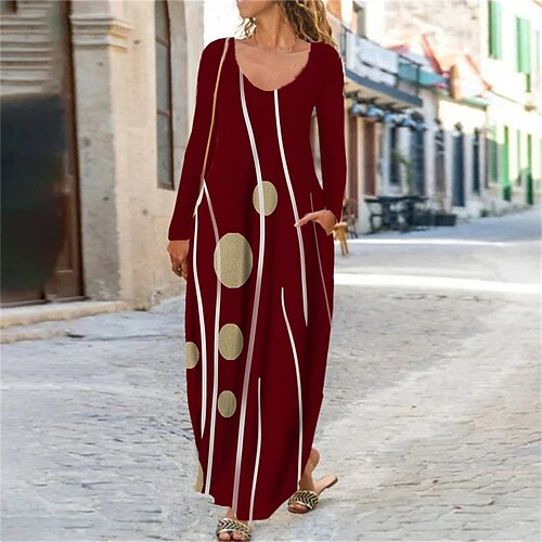 

Women's Casual Dress Shift Dress Maxi long Dress Black Wine Dark Blue Long Sleeve Polka Dot Print Pocket Print Fall Winter V Neck Fashion Casual 2022 L XL XXL 3XL 4XL 5XL 6XL