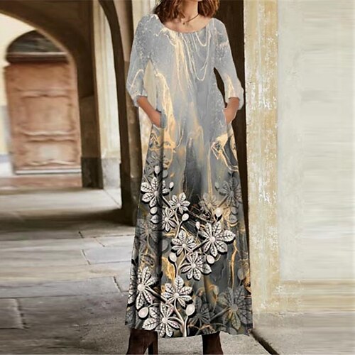 

Women's Casual Dress Swing Dress Long Dress Maxi Dress Gray Long Sleeve Floral Pocket Winter Fall Autumn V Neck Winter Dress Fall Dress 2022 S M L XL XXL 3XL