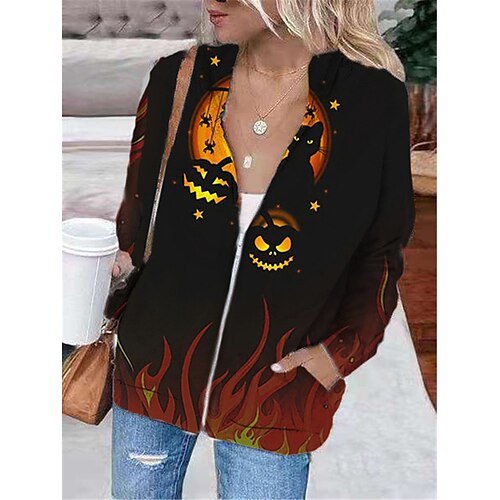 

Women's Hoodie Jacket Warm Breathable Outdoor Halloween Daily Wear Going out Zipper Pocket Print Zipper Hoodie Vintage Sports Comfortable Street Style Pumpkin Regular Fit Outerwear Long Sleeve Winter