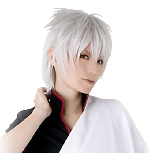 

Amybria Short Wig Cosplay Hair Wig Gintama Sakata Costume Hair Party Full Hair Wig Silver White