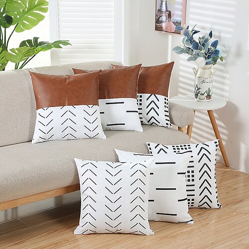 

6pcs Pillow Cover PU Stitching Geometric Striped Comfort Tribal Boho Square Zipper Traditional Classic for Bedroom Livingroom Sofa Couch