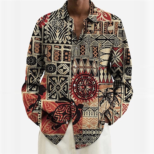 

Men's Shirt Graphic Shirt Tribal Vintage Turndown Khaki 3D Print Outdoor Street Long Sleeve Button-Down Print Clothing Apparel Fashion Designer Casual Breathable