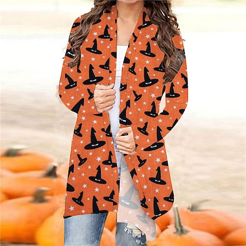 

Women's Casual Jacket Warm Breathable Halloween Daily Wear Vacation Going out Print Open Front Collarless Active Comfortable Street Style Halloween Skull Regular Fit Outerwear Long Sleeve Winter Fall