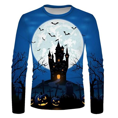 

Men's Unisex T shirt Tee Pumpkin Graphic Prints Castle Crew Neck Blue 3D Print Outdoor Halloween Long Sleeve Print Clothing Apparel Basic Sports Designer Casual