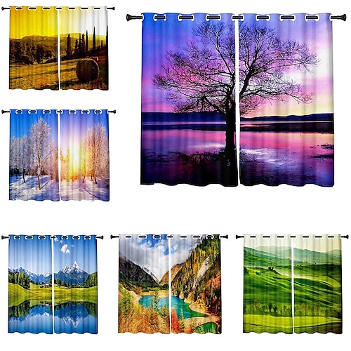 

3D Print Blackout Curtain Feather Print Curtain Drapes for Living Room Thermal Insulated Grommet Window Curtains for Bedroom 1 set / PVC Bag Natural scenery Woods Trees Towers