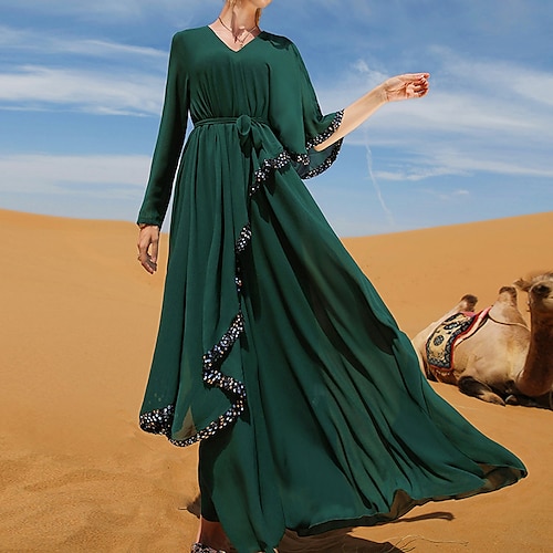 

Women's A Line Dress Swing Dress Maxi long Dress Green Long Sleeve Pure Color Sequins Fall Winter V Neck Casual Vacation 2022 S M L XL XXL