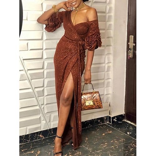 

Women's Party Dress Sequin Dress Sheath Dress Long Dress Maxi Dress Navy caramel colour Black Half Sleeve Pure Color Lace up Winter Fall Autumn V Neck Party Evening Party Wedding Guest 2022 S M L XL