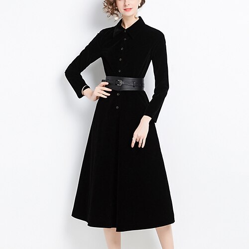 

Women's Velvet Dress A Line Dress Midi Dress Black Long Sleeve Pure Color Button With Belt Fall Winter Shirt Collar Fashion Modern Mature 2022 S M L XL XXL