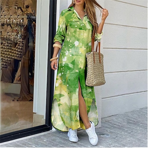 

Women's Casual Dress Shirt Dress Maxi long Dress Green White Blue Yellow Dark Blue Rainbow Light Blue Long Sleeve Print Print Fall Winter Shirt Collar Stylish Modern 2022 S M L XL 2XL