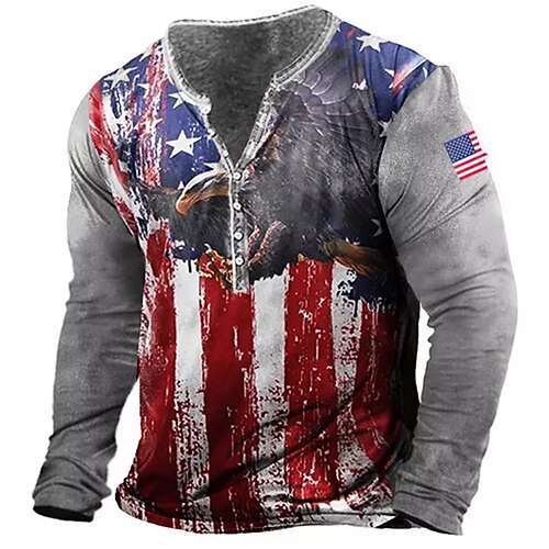 

Men's T shirt Tee Henley Shirt Tee Graphic National Flag Henley Red 3D Print Plus Size Outdoor Daily Long Sleeve Button-Down Print Clothing Apparel Basic Designer Classic Comfortable / Sports