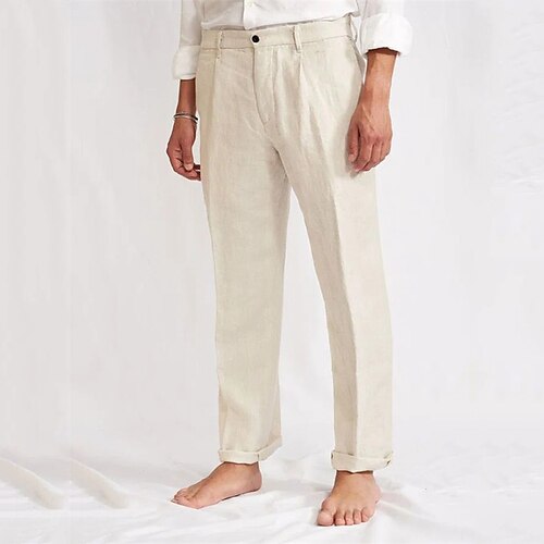 

Men's Linen Pants Trousers Casual Pants Pocket Straight Leg Solid Colored Comfort Soft Daily Holiday Streetwear Linen / Cotton Blend Streetwear Stylish White Micro-elastic / Spring